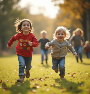 enfants qui courent dans une forêt